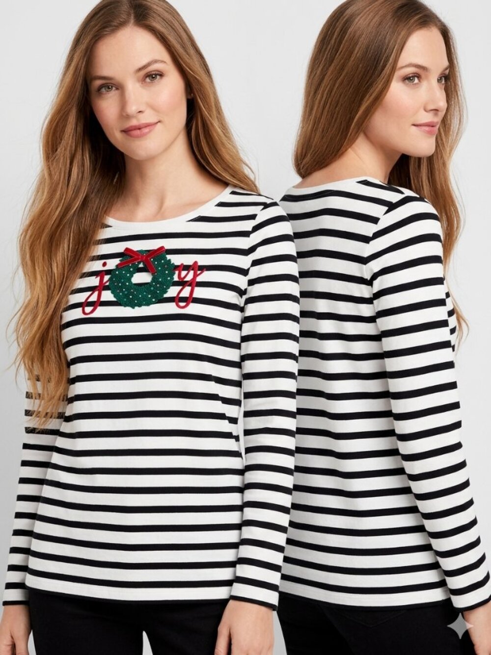Talbots Petite Small SP Striped Christmas Top Joy Wreath Embellished Cotton Tee